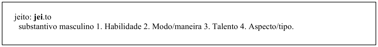 Quadro do verbete: "jeito: jei.to — substantivo masculino 1. Habilidade 2. Modo/maneira 3. Talento 4. Aspecto/tipo.", com a sílaba "jei" em negrito.