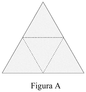 Figura A: triângulo equilátero com os pontos médios dos lados ligados por linhas tracejadas, formando quatro triângulos menores.