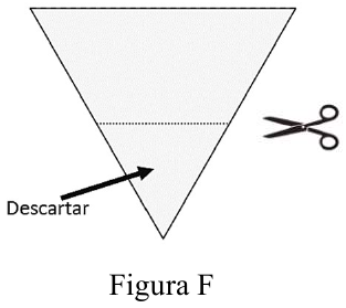 Figura F: triângulo da figura E com uma tesoura na linha tracejada e uma seta com a palavra "Descartar" apontando para o pequeno triângulo inferior.