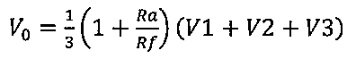 V0 igual a um terço vezes (1 mais Ra sobre Rf) vezes (V1 mais V2 mais V3).