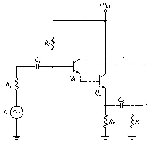 Circuito com par Darlington formado pelos transistores Q1 e Q2: fonte vi com resistor Ri e capacitor Cs na entrada, resistor Rb de polarização ligado a +Vcc, resistor RE no emissor de Q2 e saída vo por capacitor Cc sobre a carga RL.
