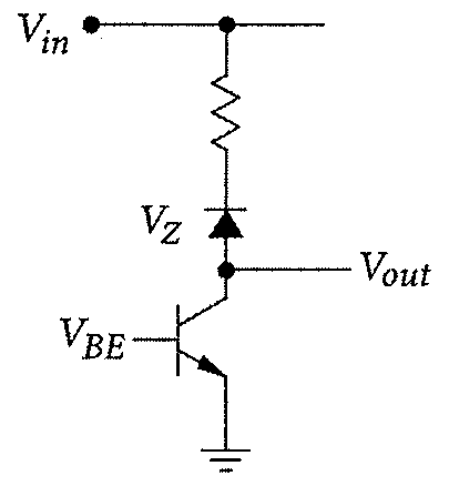 Circuito: Vin ligado a um resistor em série com diodo Zener (VZ) até a base de um transistor NPN com emissor aterrado; a saída Vout é tomada no nó entre o Zener e a base (VBE).