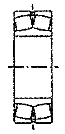Ilustração em corte de um rolamento com duas carreiras de corpos rolantes inclinados entre anéis interno e externo.