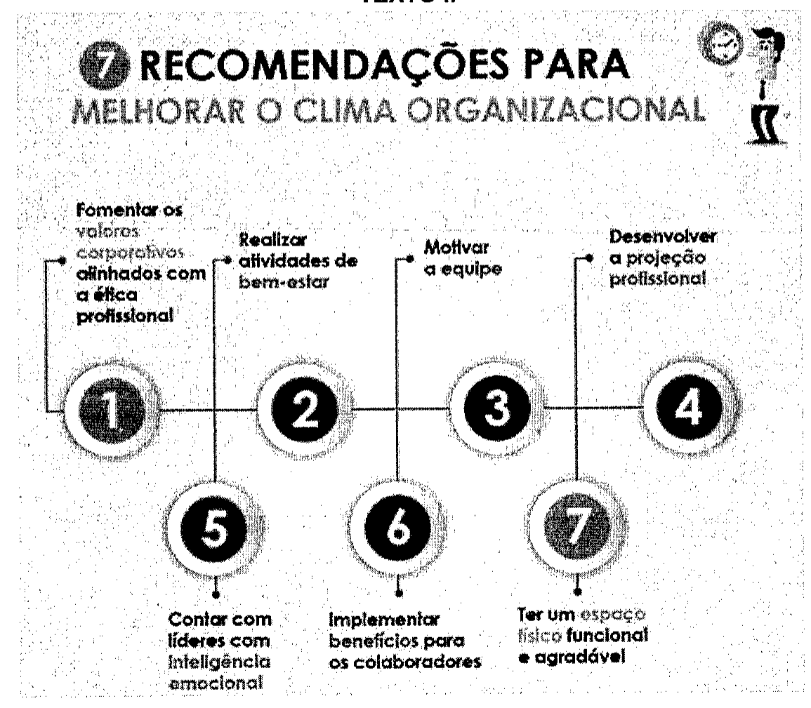 Infográfico intitulado 7 recomendações para melhorar o clima organizacional, com sete itens numerados: fomentar os valores corporativos alinhados com a ética profissional; realizar atividades de bem-estar; motivar a equipe; desenvolver a projeção profissional; contar com líderes com inteligência emocional; implementar benefícios para os colaboradores; ter um espaço físico funcional e agradável.