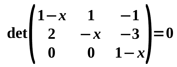 Equação det da matriz 3×3 com linhas (1−x, 1, −1); (2, −x, −3); (0, 0, 1−x) igual a 0.