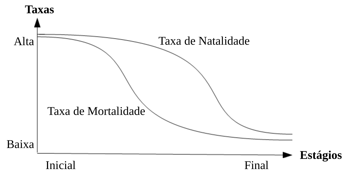 Gráfico de taxas (eixo vertical de Baixa a Alta) por estágios (Inicial a Final): a taxa de mortalidade cai primeiro e a taxa de natalidade cai depois, ambas terminando baixas.