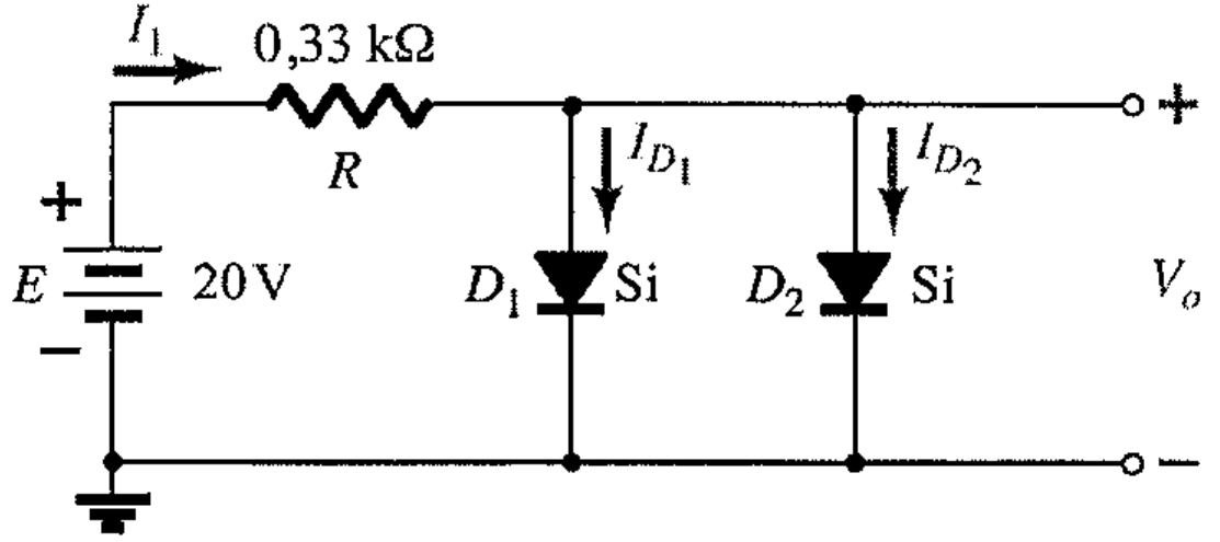 Fonte E de 20 V, resistor R de 0,33 kΩ com corrente I1, e dois diodos de silício D1 e D2 em paralelo, com correntes ID1 e ID2; saída Vo.