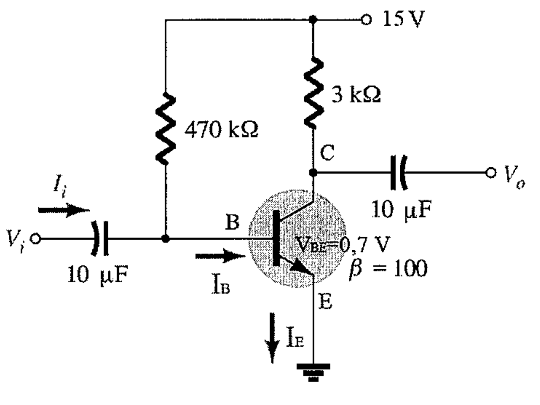 Amplificador emissor-comum com transistor BJT: fonte de 15 V, resistor de base 470 kΩ, resistor de coletor 3 kΩ, capacitores de acoplamento de 10 μF na entrada Vi e na saída Vo, VBE = 0,7 V, β = 100, corrente de emissor IE para o terra.