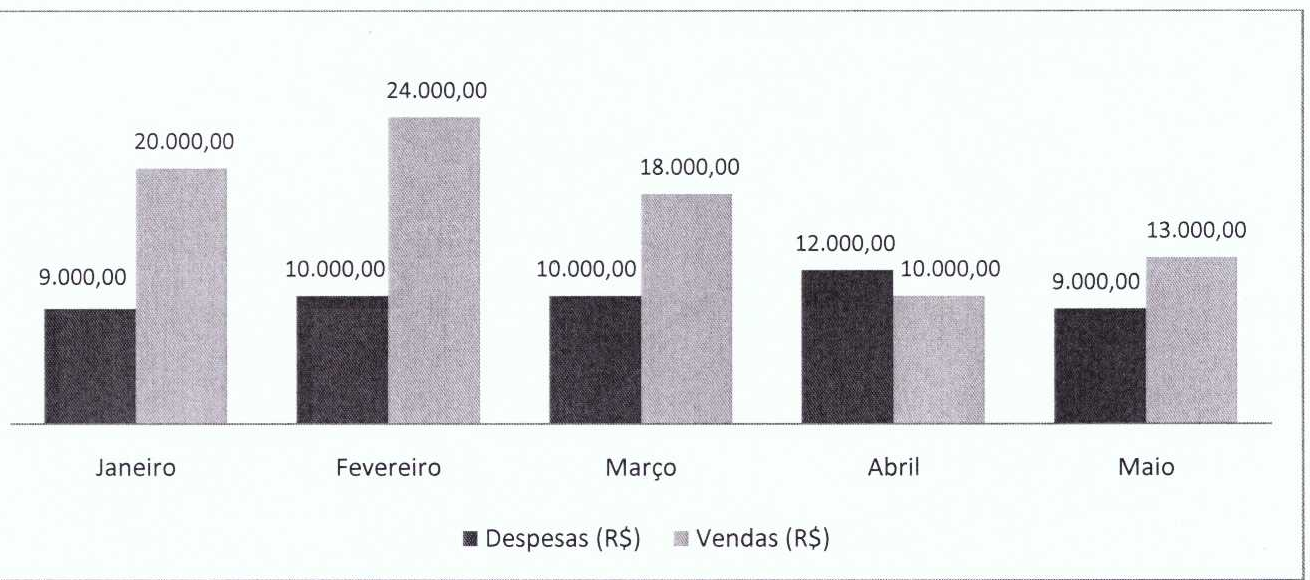 Gráfico de colunas com despesas (cinza-escuro) e vendas (cinza-claro) em reais. Janeiro: despesas 9.000,00 e vendas 20.000,00. Fevereiro: 10.000,00 e 24.000,00. Março: 10.000,00 e 18.000,00. Abril: 12.000,00 e 10.000,00. Maio: 9.000,00 e 13.000,00.