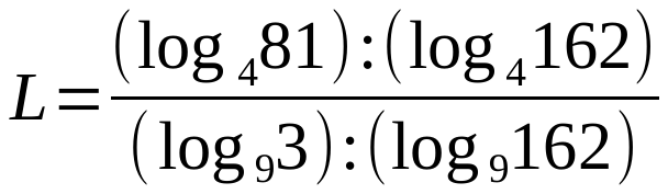 Expressão: L igual à razão entre (log na base 4 de 81) dividido por (log na base 4 de 162), no numerador, e (log na base 9 de 3) dividido por (log na base 9 de 162), no denominador.