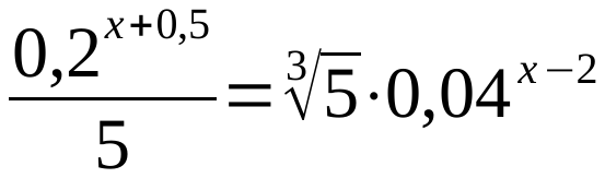 Equação: 0,2 elevado a (x + 0,5), dividido por 5, igual à raiz cúbica de 5 multiplicada por 0,04 elevado a (x − 2).