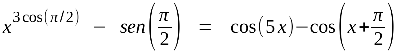 Equação: x elevado a 3cos(π/2), menos sen(π/2), igual a cos(5x) − cos(x + π/2).