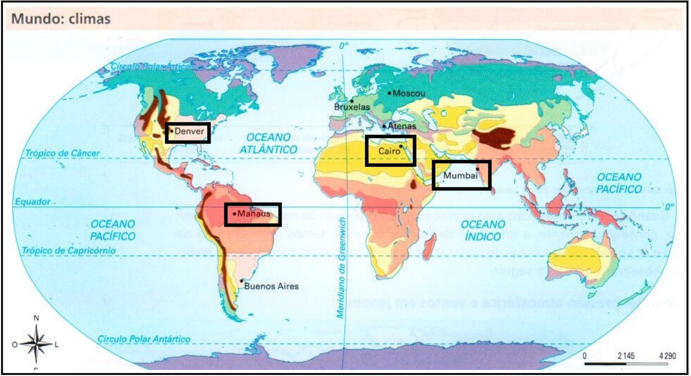 Mapa-múndi “Mundo: climas” com os tipos climáticos em cores e as cidades Denver, Manaus, Cairo e Mumbai destacadas em retângulos; também aparecem Moscou, Bruxelas, Atenas e Buenos Aires.