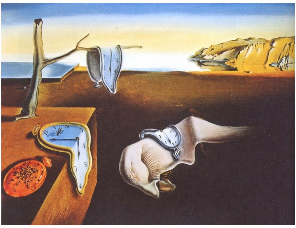Reprodução da pintura A Persistência da Memória, de Salvador Dalí: relógios moles derretidos sobre um galho, uma mesa e uma figura deformada, em paisagem desértica com falésias ao fundo.