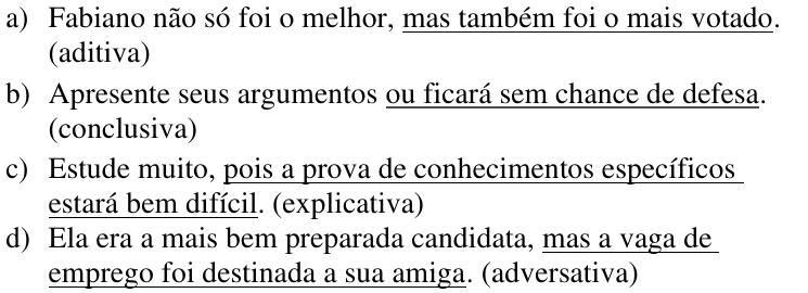 Alternativas da questão 6 com as orações coordenadas destacadas por sublinhado: a) mas também foi o mais votado; b) ou ficará sem chance de defesa; c) pois a prova de conhecimentos específicos estará bem difícil; d) mas a vaga de emprego foi destinada a sua amiga.