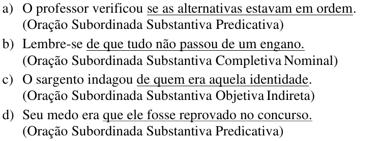 Alternativas da questão 15 com as orações sublinhadas: a) se as alternativas estavam em ordem; b) de que tudo não passou de um engano; c) de quem era aquela identidade; d) que ele fosse reprovado no concurso.