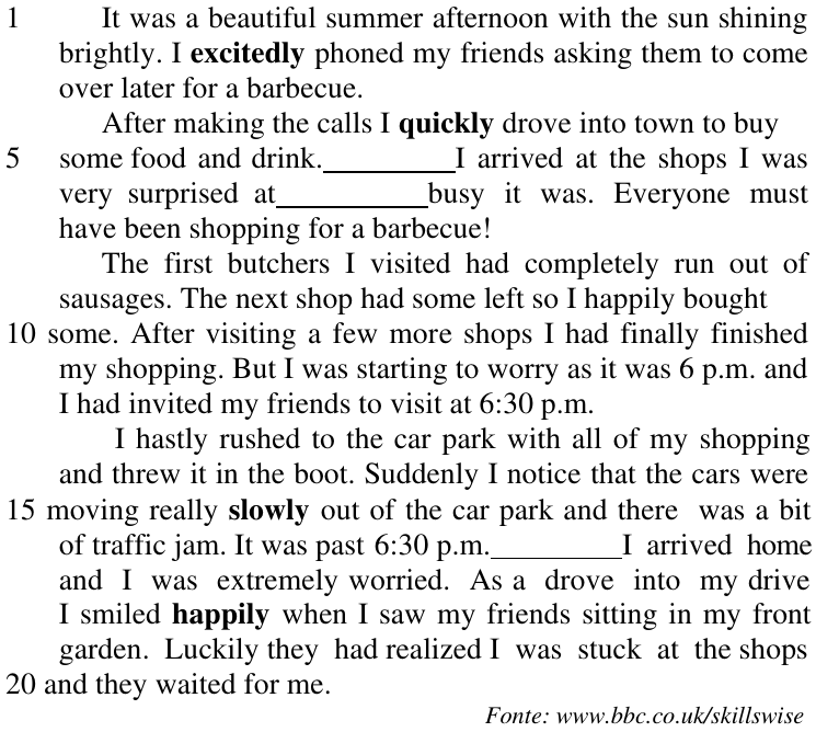 Texto das questões 29 e 30 com quatro palavras em negrito: excitedly, quickly, slowly e happily.