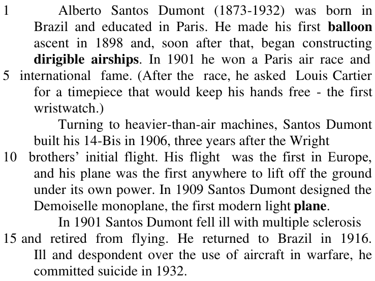 Texto das questões 39 a 41 com as palavras balloon, dirigible airships e plane em negrito.