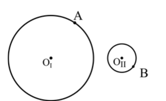 Duas circunferências externas: a maior, de centro O índice I, com o ponto A sobre ela; a menor, de centro O índice II, com o ponto B sobre ela.