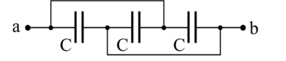 Circuito entre os pontos a e b com três capacitores C dispostos em linha; um fio superior liga o terminal esquerdo do 1º capacitor ao nó entre o 2º e o 3º, e um fio inferior liga o nó entre o 1º e o 2º capacitor ao terminal direito do 3º.
