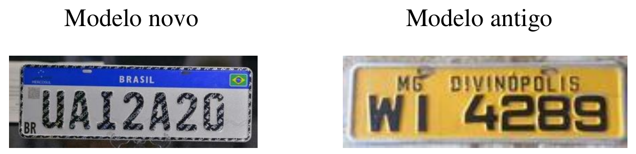 Duas placas lado a lado. Modelo novo: placa branca com faixa azul escrita BRASIL e caracteres UA12A20. Modelo antigo: placa amarela com MG DIVINÓPOLIS na parte superior e caracteres WI 4289.