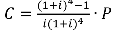 C igual a ((1 + i) elevado a 4, menos 1) sobre (i vezes (1 + i) elevado a 4), vezes P.
