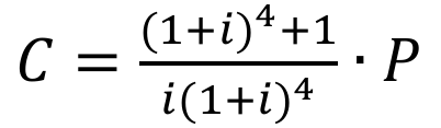 C igual a ((1 + i) elevado a 4, mais 1) sobre (i vezes (1 + i) elevado a 4), vezes P.