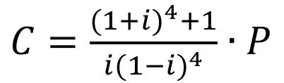 C igual a ((1 + i) elevado a 4, mais 1) sobre (i vezes (1 − i) elevado a 4), vezes P.