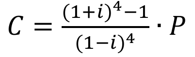 C igual a ((1 + i) elevado a 4, menos 1) sobre (1 − i) elevado a 4, vezes P.