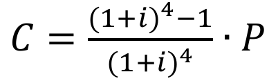 C igual a ((1 + i) elevado a 4, menos 1) sobre (1 + i) elevado a 4, vezes P.
