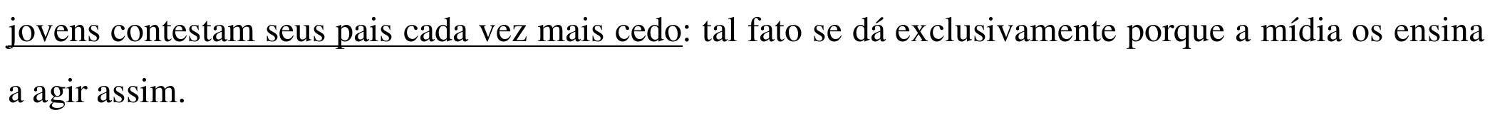 Texto da alternativa, com a tese (trecho antes dos dois-pontos) sublinhada: “jovens contestam seus pais cada vez mais cedo: tal fato se dá exclusivamente porque a mídia os ensina a agir assim.”