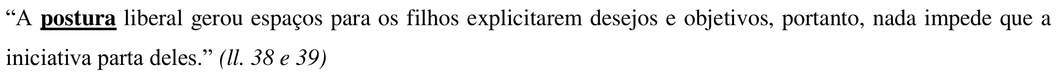 Texto da alternativa, com o vocábulo “postura” em negrito e sublinhado: “A postura liberal gerou espaços para os filhos explicitarem desejos e objetivos, portanto, nada impede que a iniciativa parta deles.” (ll. 38 e 39)