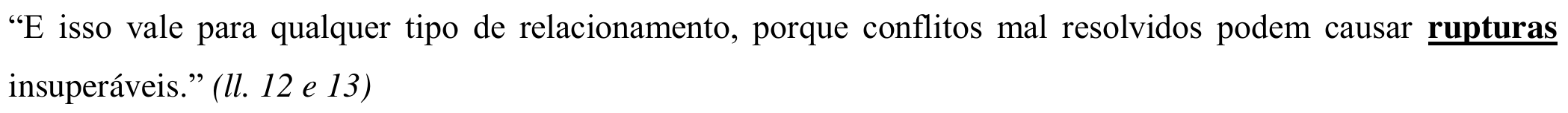 Texto da alternativa, com o vocábulo “rupturas” em negrito e sublinhado: “E isso vale para qualquer tipo de relacionamento, porque conflitos mal resolvidos podem causar rupturas insuperáveis.” (ll. 12 e 13)