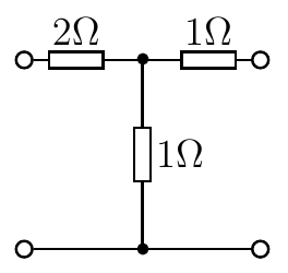 Circuito em T: resistores em série de 2Ω e 1Ω no ramo superior e 1Ω no ramo central.