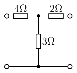 Circuito em T: resistores em série de 4Ω e 2Ω no ramo superior e 3Ω no ramo central.