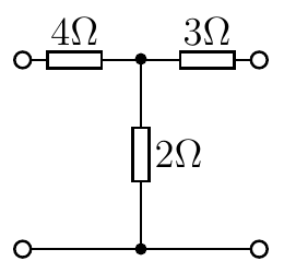 Circuito em T: resistores em série de 4Ω e 3Ω no ramo superior e 2Ω no ramo central.