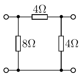 Circuito em pi: resistor de 4Ω no ramo superior, 8Ω no ramo vertical esquerdo e 4Ω no ramo vertical direito.