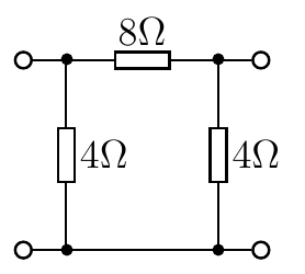 Circuito em pi: resistor de 8Ω no ramo superior e 4Ω em cada ramo vertical.