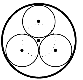 Vista superior de recipiente cilíndrico com três esferas tangentes entre si e à parede; quarta esfera indicada em pontilhado sobre as três.
