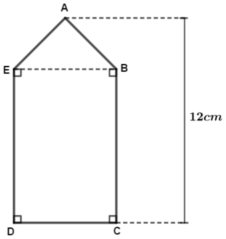 Pentágono ABCDE em forma de casa: triângulo ABE no topo, com vértice A acima, apoiado sobre o retângulo EBCD; ângulos retos marcados em E, B, C e D; segmento tracejado de E a B; cota vertical tracejada à direita indicando a altura total de 12cm, de A até a base DC.
