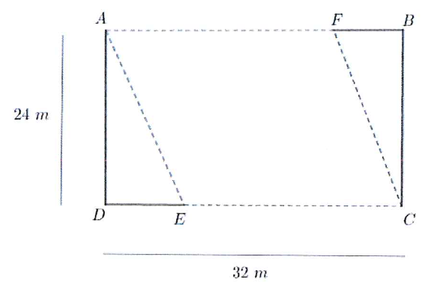Retângulo ABCD com A e B no lado superior, D e C no inferior; lado vertical de 24 m e lado horizontal de 32 m. Ponto F no lado AB, próximo de B, e ponto E no lado DC, próximo de D; segmentos tracejados ligam A a E, F a C, A a F e E a C.