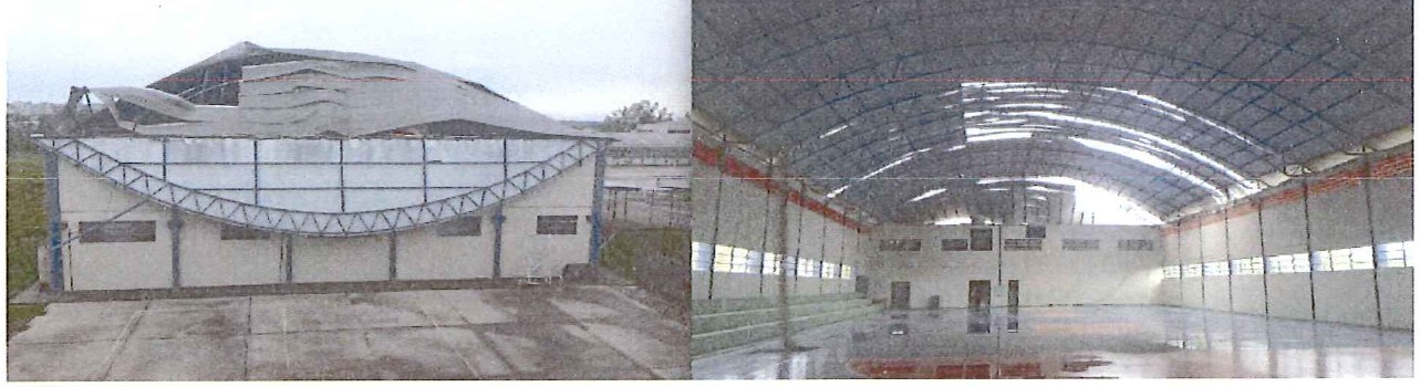 Duas fotografias do ginásio danificado: à esquerda, vista externa com a cobertura arrancada e retorcida; à direita, vista interna com a estrutura metálica do telhado exposta.
