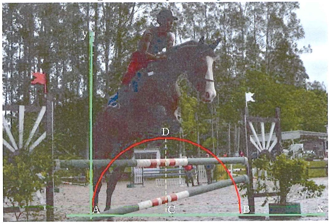Fotografia de cavalo e cavaleiro saltando obstáculo, com eixos x e y em verde e uma parábola vermelha de A a B sobre o eixo x; o ponto D é o topo da parábola e C seu pé no eixo x, ligados por segmento tracejado.