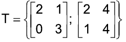 T igual ao conjunto gerado pelas matrizes [2 1; 0 3] e [2 4; 1 4].