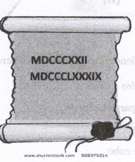 Desenho de um papiro com duas datas escritas em algarismos romanos: MDCCCXXII e MDCCCLXXXIX.