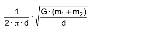 [1 / (2 · π · d)] · raiz quadrada de [G · (m₁ + m₂) / d]