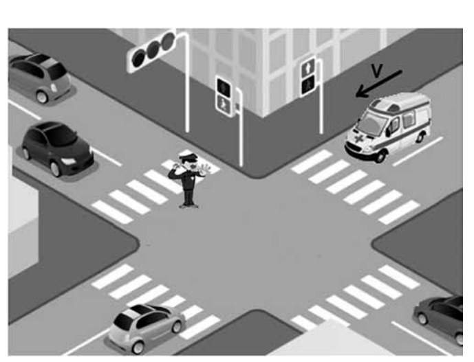 Ilustração de um cruzamento urbano visto do alto, com semáforos, faixas de pedestres e carros; um guarda de trânsito no centro do cruzamento e uma ambulância aproximando-se pelo canto superior direito, com seta V indicando seu movimento em direção ao guarda.