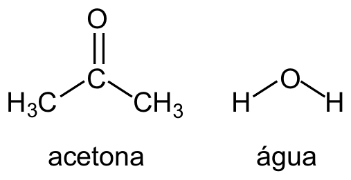 Fórmulas estruturais: acetona, H3C–C(=O)–CH3, com o oxigênio ligado por dupla ligação ao carbono central; água, H–O–H, em geometria angular.