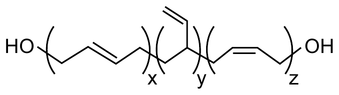 Fórmula do PBLH em representação de linhas: HO–(segmento x)–(segmento y)–(segmento z)–OH, cada segmento entre parênteses com índice x, y ou z. Os segmentos x e z contêm uma dupla ligação C=C na cadeia principal, desenhadas com geometrias diferentes; o segmento y tem a dupla ligação em um grupo lateral (–CH=CH2) ligado à cadeia principal.