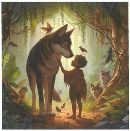 Ilustração de um menino de pele morena, vestindo trapos, de frente para um grande lobo em uma floresta tropical; outros lobos e pássaros ao redor.